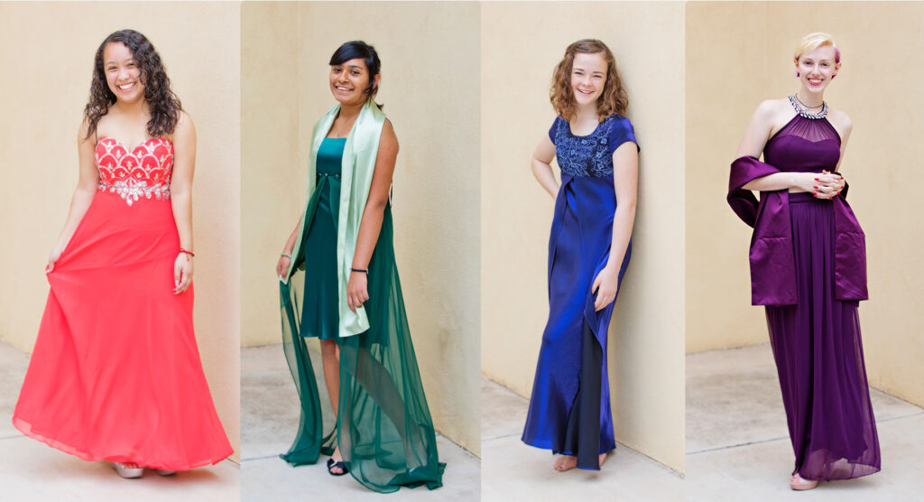 4 young girls in prom dresses